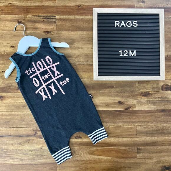 Rags to Raches Gray Green Pink Tic Tac Toe Graphics Sleeveless Cotton Romper 12M - Picture 1 of 6